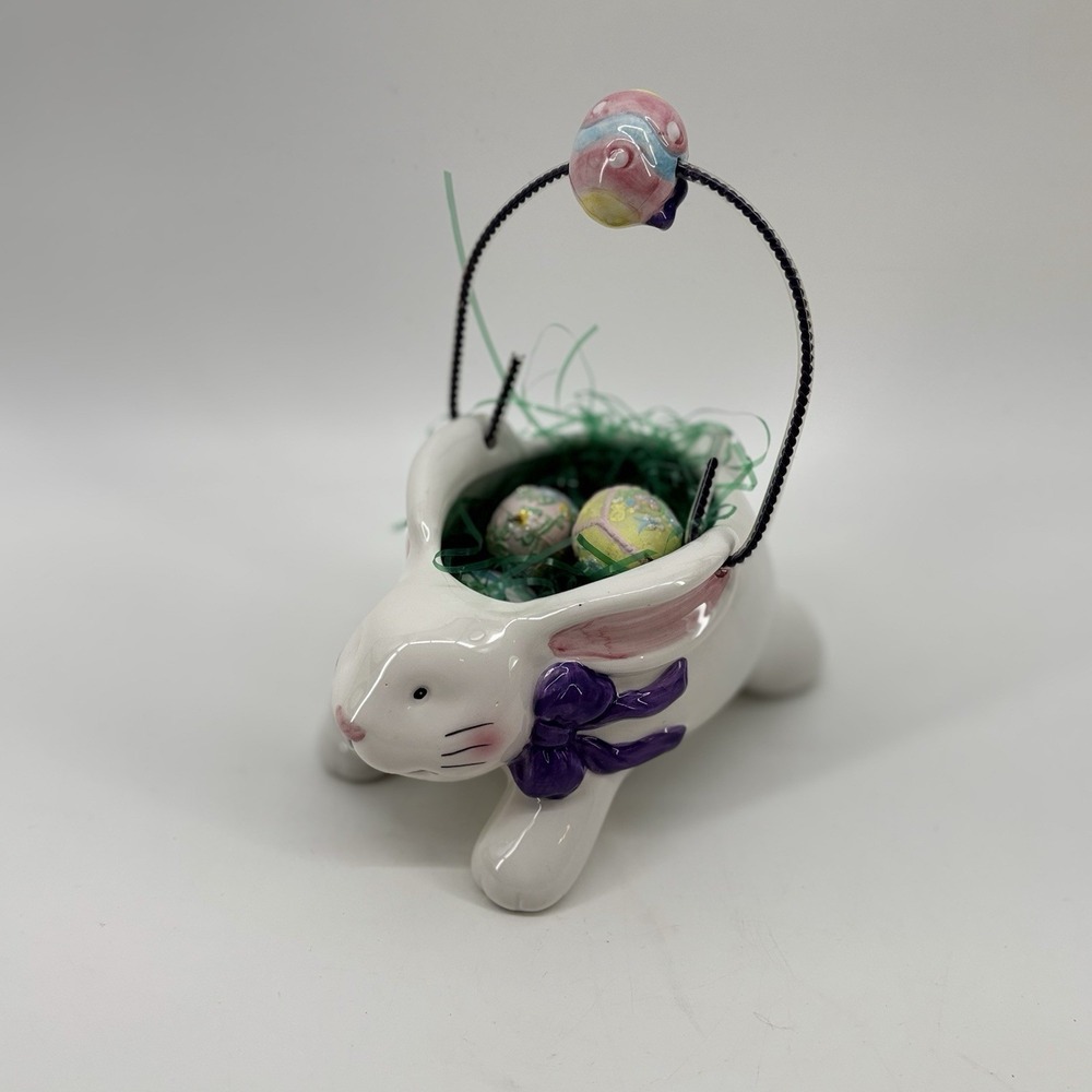 Ceramic Easter Bunny Basket w/ Egg Handle And Eggs Hand Painted And Glazed